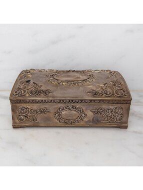 Vintage Godinger Silver Plate Jewelry Box with Roses and Red Velvet Interior